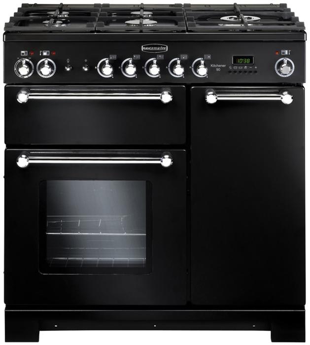 Rangemaster KCH90NGFBL/C Kitchener 90 All Gas 116750 Gas Range Cooker Black ( Chrome Trim )