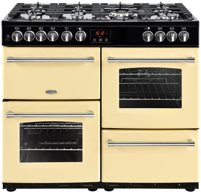 Belling Farmhouse 100DFT  7 burner gas hob 444444135 Dual Fuel Range Cooker Cream