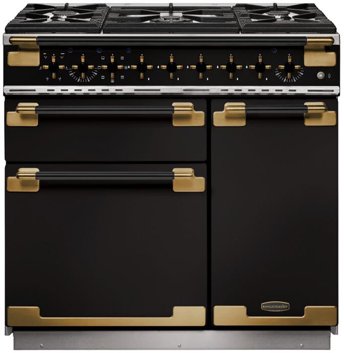 Rangemaster ELS90DFFGB/BE Elise Luxe 90 Dual Fuel Black / Antique Brass trim 136330 Dual Fuel Range Cooker Black Antique
