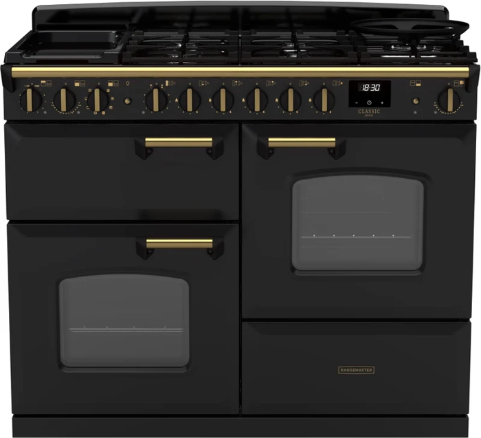 Rangemaster CLDLO110DFPCBL/AB1 18324 Classic Deluxe 110 Charcoal Black with Antique Brass trim Dual Fuel Range Cooker 