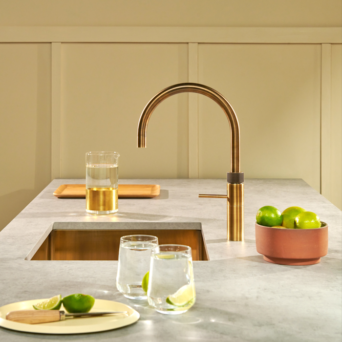 Quooker FNRPTB Fusion Round Patinated Brass Tap with COMBI 2.2-EQ B Tank Patinated Brass Boiling Water Tap 