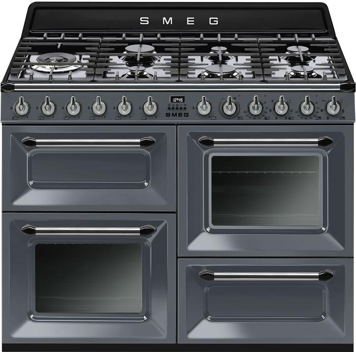 Smeg Victoria TR4110GR Traditional 110cm Wide 7 Gas Burner Hob Dual Fuel Range Cooker Slate Grey